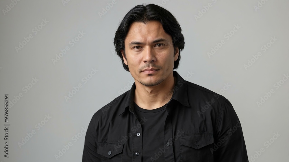 Fototapeta premium adult black hair finnougric man in black shirt model portrait standing straight on a plain white background for ad concept space for text
