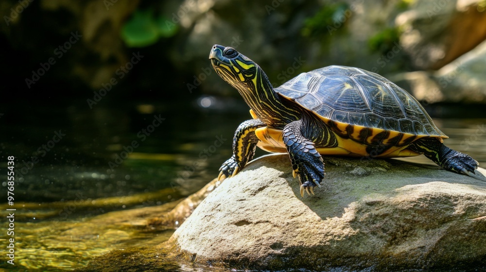 A turtle basking on a rock in the sun, with water behind it. A turtle basking on a rock in the sun, with water behind it.