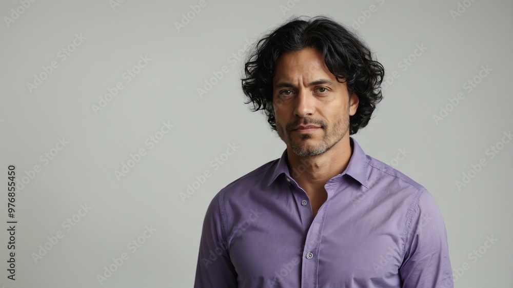 Fototapeta premium adult black hair european man in purple shirt model portrait standing straight on a plain white background for ad concept space for text