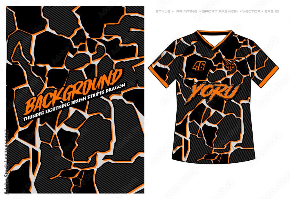 sublimation jersey design grunge abstract geometric lightning stripes sporty background blue white camouflage splash splatter pattern vector magma lava crack orange black white