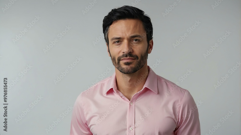 Fototapeta premium adult black hair european man in pink shirt model portrait standing straight on a plain white background for ad concept space for text
