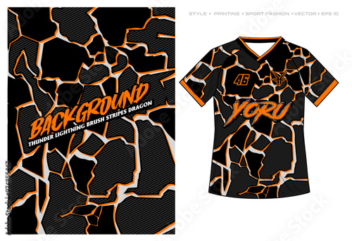 sublimation jersey design grunge abstract geometric lightning stripes sporty background blue white camouflage splash splatter pattern vector magma lava crack orange black white