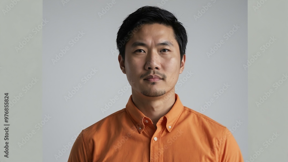 Obraz premium adult black hair east asian man in orange shirt model portrait standing straight on a plain white background for ad concept space for text