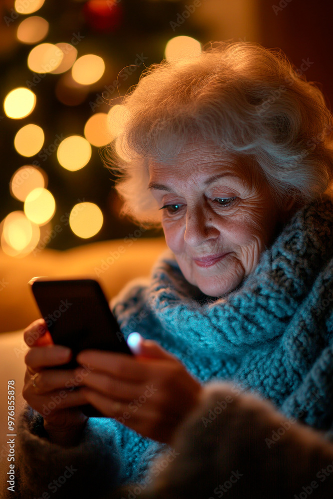 Senior woman using smartphone at home during the holidays Senior woman using smartphone at home during the holidays