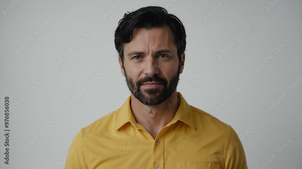Obraz premium adult black hair caucasian man in yellow shirt model portrait standing straight on a plain white background for ad concept space for text