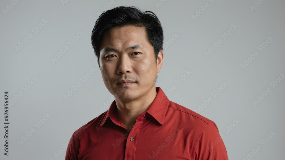Obraz premium adult black hair asian man in red shirt model portrait standing straight on a plain white background for ad concept space for text