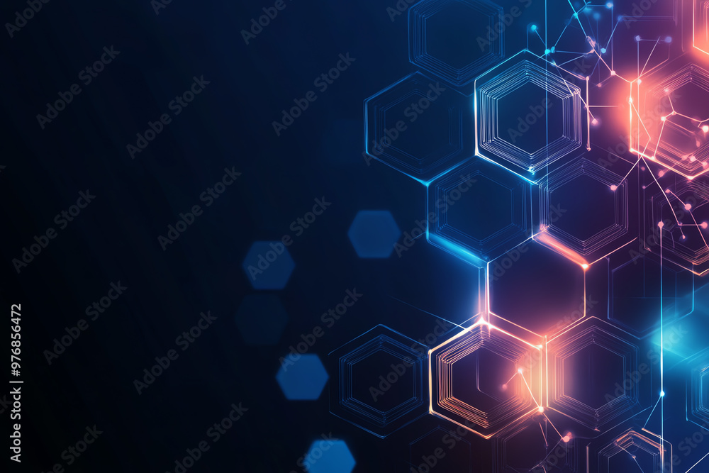 Abstract vector background featuring hexagonal shapes connected by molecular designs, sleek lines and dynamic gradients, hightech science vibe Abstract vector background featuring hexagonal shapes connected by molecular designs, sleek lines and dynamic gradients, hightech science vibe