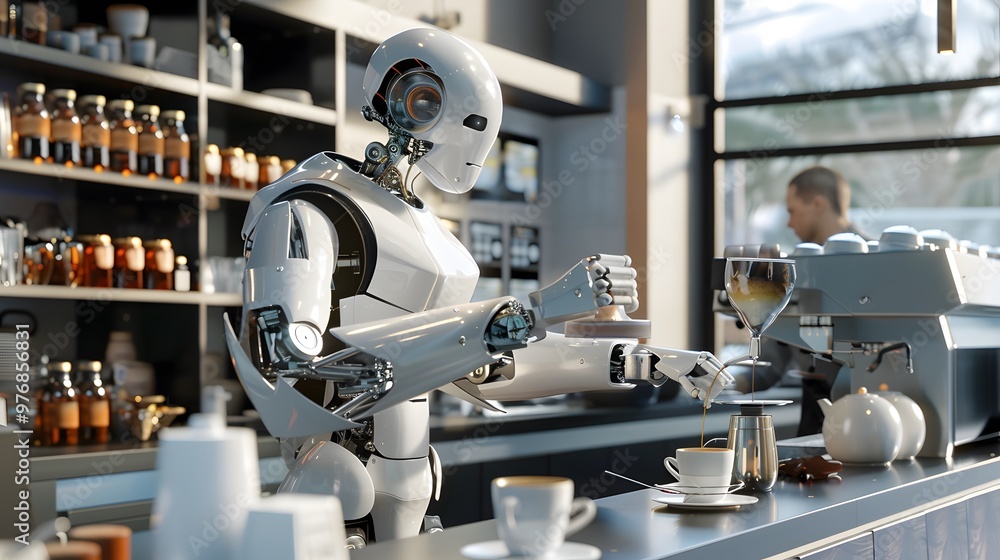 Robotic Barista: A robot barista making a latte in a futuristic café, with precision and flair.
Robotic Barista: A robot barista making a latte in a futuristic café, with precision and flair.