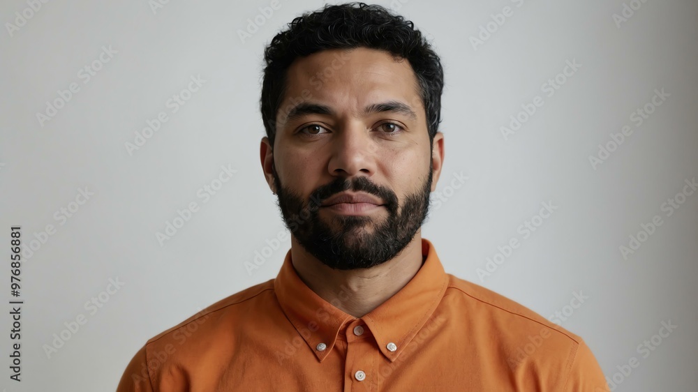 Obraz premium adult black hair american man in orange shirt model portrait standing straight on a plain white background for ad concept space for text