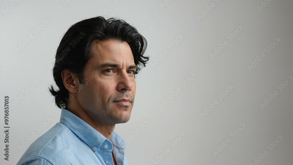 Obraz premium adult black hair american man in blue shirt model portrait standing straight on a plain white background for ad concept space for text