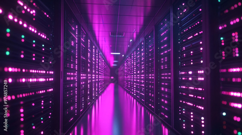 Data center: an abstract representation of a digital repository. It features a server room utilizing cloud computing technology, with a server farm interacting with the internet. Network connections 