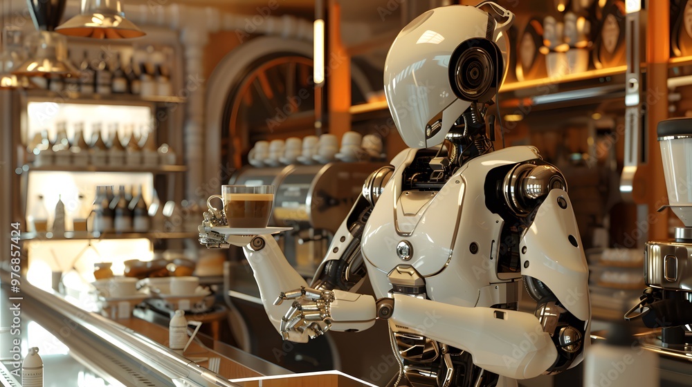Robotic Barista: A robot barista making a latte in a futuristic café, with precision and flair.
Robotic Barista: A robot barista making a latte in a futuristic café, with precision and flair.