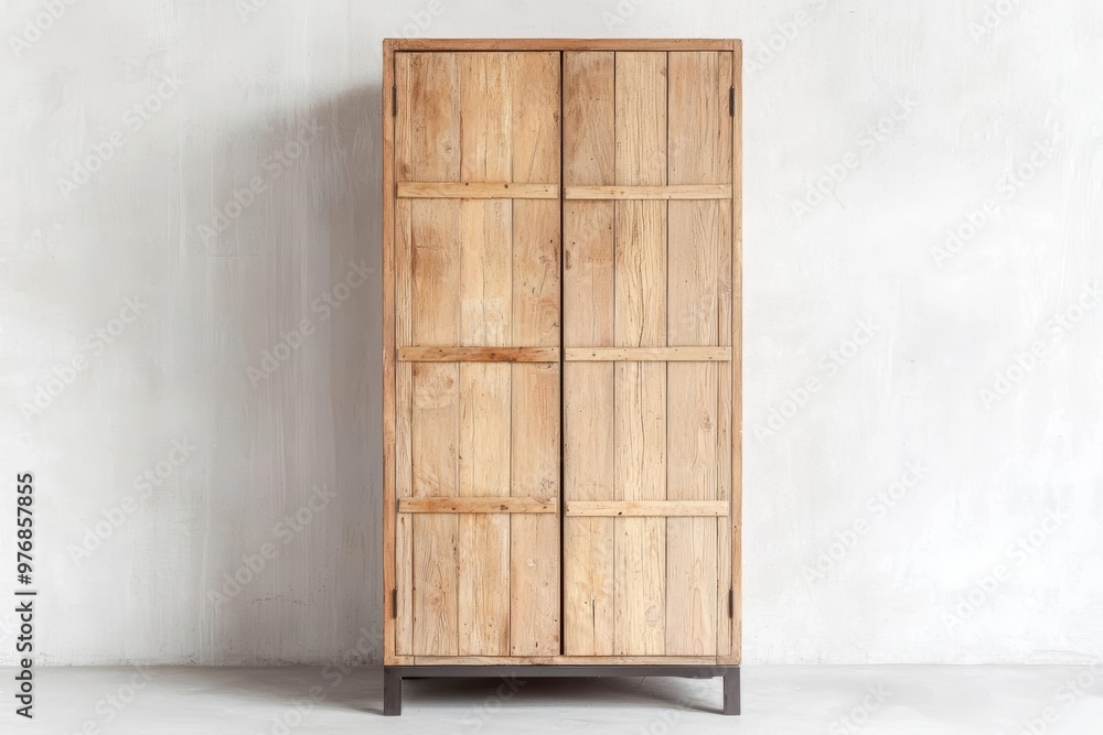 Recycled wood wardrobe with upcycled metal legs, showcasing clean lines and a minimalist design aesthetic, recycled wardrobe, upcycled minimalist furniture Recycled wood wardrobe with upcycled metal legs, showcasing clean lines and a minimalist design aesthetic, recycled wardrobe, upcycled minimalist furniture