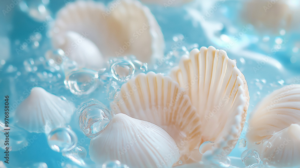 White seashells on a pastel blue background. Summer holiday and vacation concept. Seashell White seashells on a pastel blue background. Summer holiday and vacation concept. Seashell