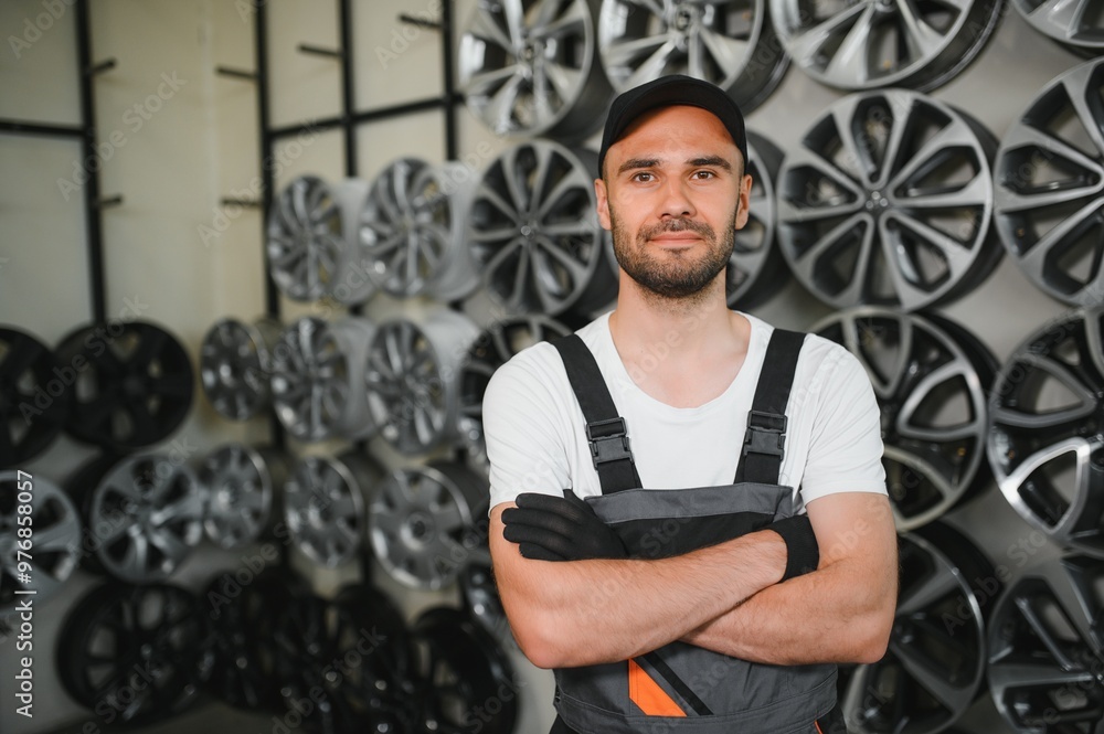 Male salesman or mechanic in car rim shop Male salesman or mechanic in car rim shop