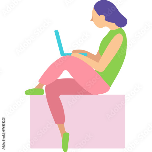 Vector woman sitting using laptop icon isolated