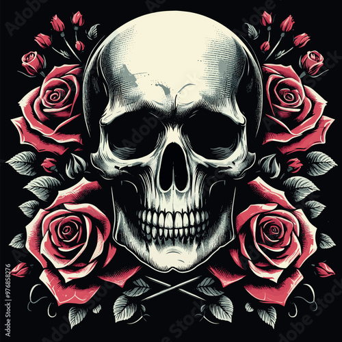 Vintage Vector T-shirt Design a Skull and Roses