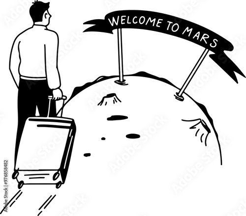 Outline illustration of tourist with a suitcase arriving on the planet mars. Mars Colonization concept.