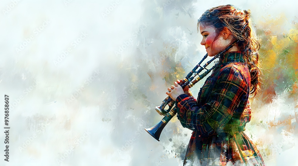 Obraz premium Elated Woman Playing a Bagpipe, Expressing Music Joy in a Colorful and Artistic Setting Today. Lady and Music Concept