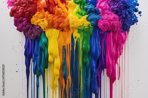 Vivid Fluid Cascade of Colorful Pigments on a White Canvas