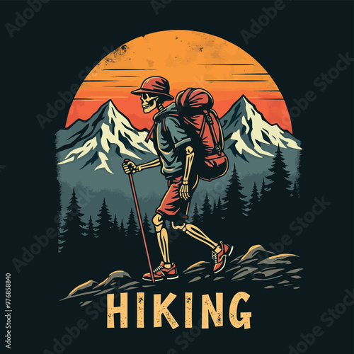 Vintage Vector T-shirt Design a Hiking Skeleton 