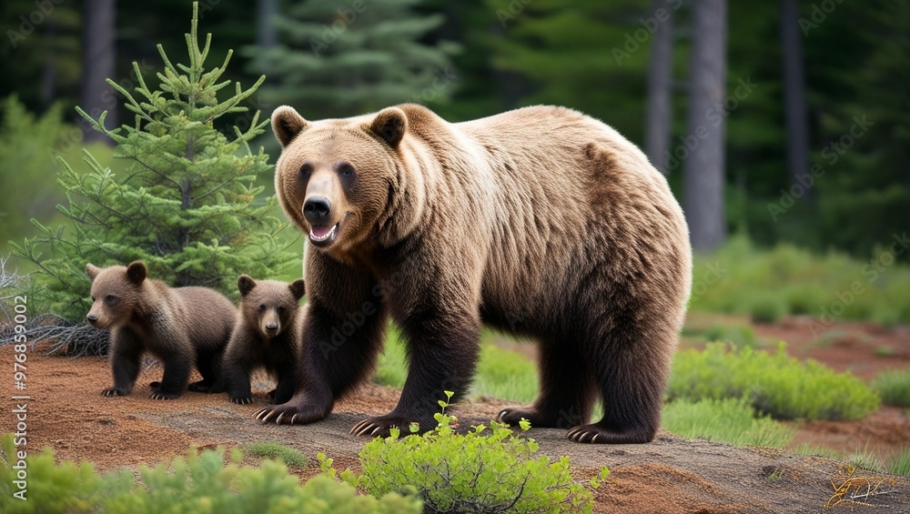 a brown bear with two cubs in the woods. a brown bear with two cubs in the woods.