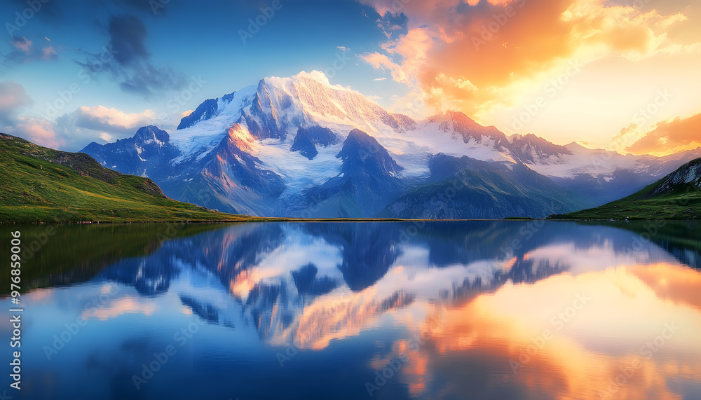 Nature Bliss: A serene mountain landscape with a lake reflecting the snowy peaks at sunrise Nature Bliss: A serene mountain landscape with a lake reflecting the snowy peaks at sunrise