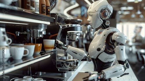 Robotic Barista: A robot barista making a latte in a futuristic café, with precision and flair. 