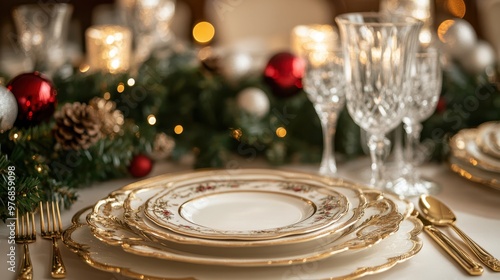 luxurious holiday table, luxurious holiday table decor adorned with gold cutlery, fine china plates, and crystal glasses creates an elegant setting for a festive dinner gathering