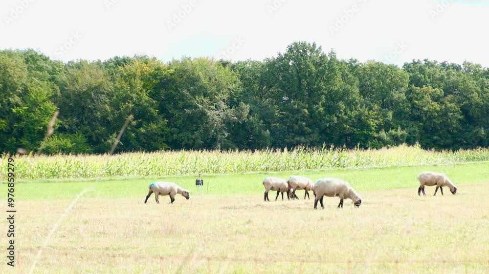 Sheep grazing in a field on a farm. Farm with animals. Sheep grazing in a field on a farm. Farm with animals.