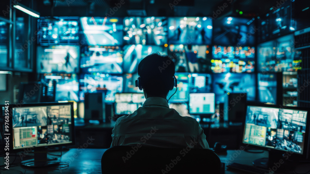 Obraz premium A security operator analyzes multiple surveillance screens in a dimly lit control room, focusing on various feeds.