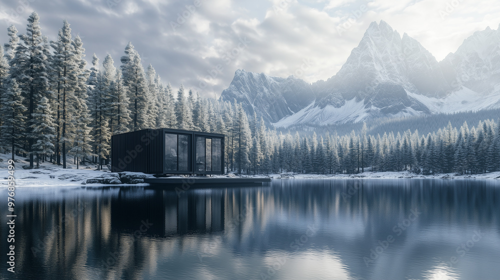 Naklejka premium A modern container cabin in the forest on a lake