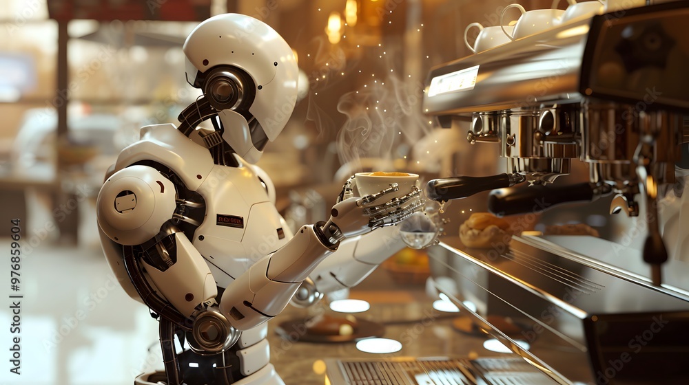 Fototapeta premium Robotic Barista: A robot barista making a latte in a futuristic café, with precision and flair. 