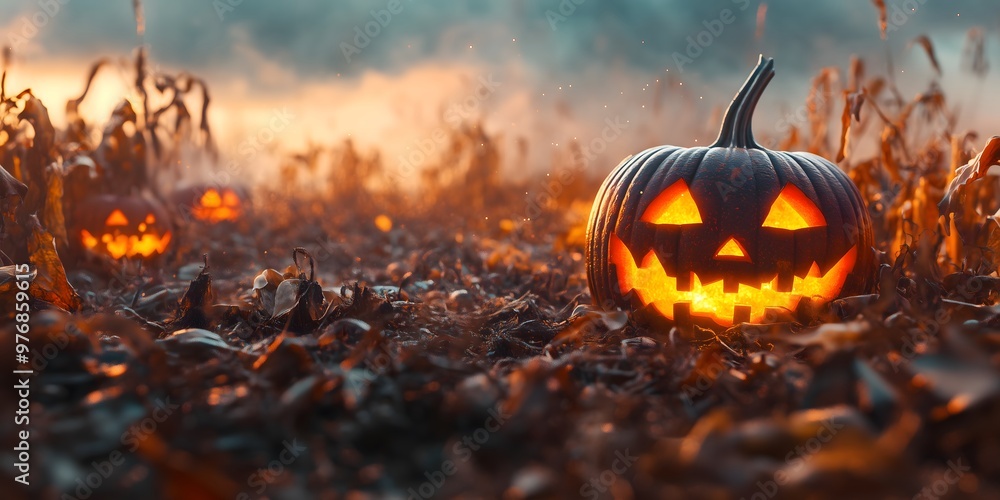 A spooky Halloween jack-o'-lantern glowing in the dark, surrounded by ample copy space for text, creating an eerie and mysterious atmosphere.