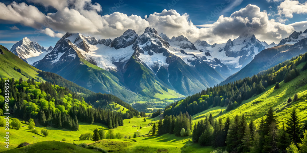 Fototapeta premium Scenic mountain view with snowcapped peaks and lush green valleys, mountains, landscape, nature, panoramic, tranquil