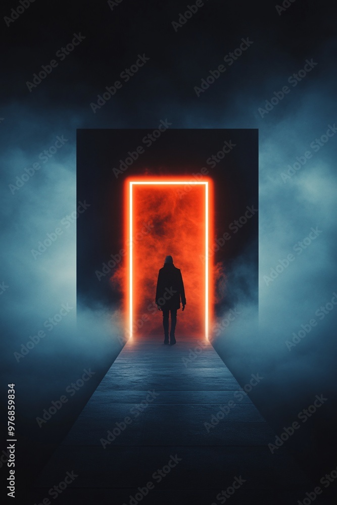 mysterious figure walking towards a glowing door mysterious figure walking towards a glowing door