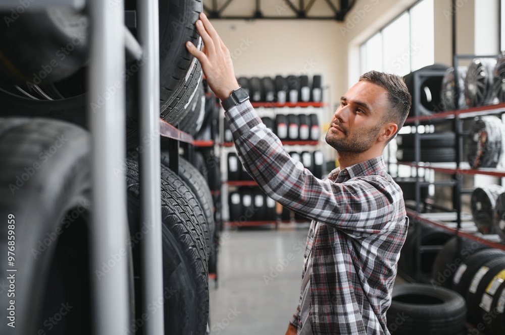 customer tire fitting in the car service, auto mechanic checks the tire and rubber tread for safety customer tire fitting in the car service, auto mechanic checks the tire and rubber tread for safety