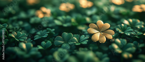 a green background full of four-leaf clovers, one golden clover in the middle photo