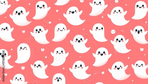 Cute white ghosts pattern on bright color background