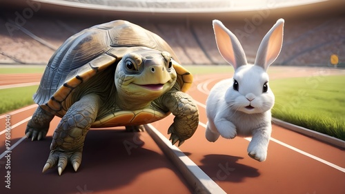 Turtle and rabbit on a running track 3D image  photo