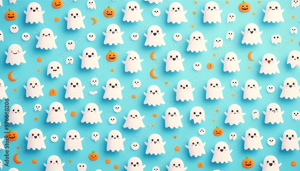 Fototapeta premium Cute white ghosts pattern on bright color background