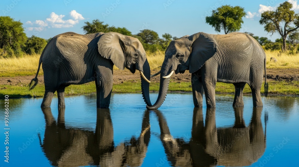 Fototapeta premium Two elephants stand in a watering hole, their trunks touching. Their reflections are visible in the water.