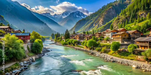 A serene village nestled in the mountains of Kashmir with a flowing river , mountains, Kashmir, village, river, tranquil photo