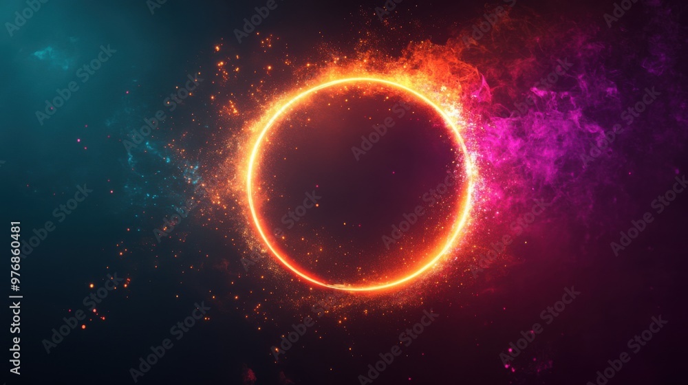 Obraz premium Dynamic Neon Light Ellipse with Glittering Sparks and Flares on a Futuristic Abstract Background, Conveying Motion and Energy