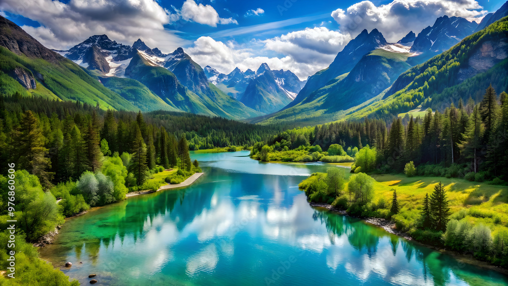 Pristine mountain landscape with crystal-clear rivers and lakes surrounded by lush greenery, mountains, rivers, lakes Pristine mountain landscape with crystal-clear rivers and lakes surrounded by lush greenery, mountains, rivers, lakes
