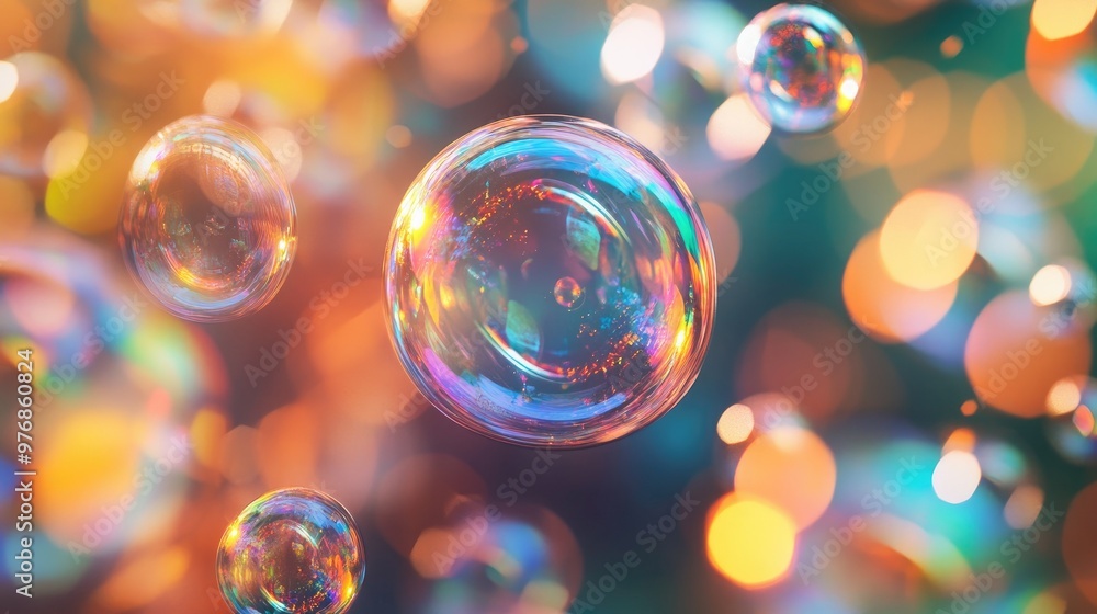 Detailed macro shot of transparent, hologram-like soap bubbles with various colors reflecting light, emphasizing their delicate nature Detailed macro shot of transparent, hologram-like soap bubbles with various colors reflecting light, emphasizing their delicate nature
