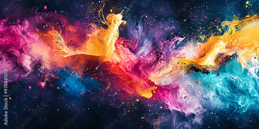 Vibrant explosion of colorful paint in pink, blue, yellow, and orange, creating a cosmic, energetic visual with dynamic movement and glowing textures Vibrant explosion of colorful paint in pink, blue, yellow, and orange, creating a cosmic, energetic visual with dynamic movement and glowing textures