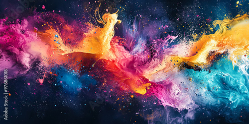 Vibrant explosion of colorful paint in pink, blue, yellow, and orange, creating a cosmic, energetic visual with dynamic movement and glowing textures