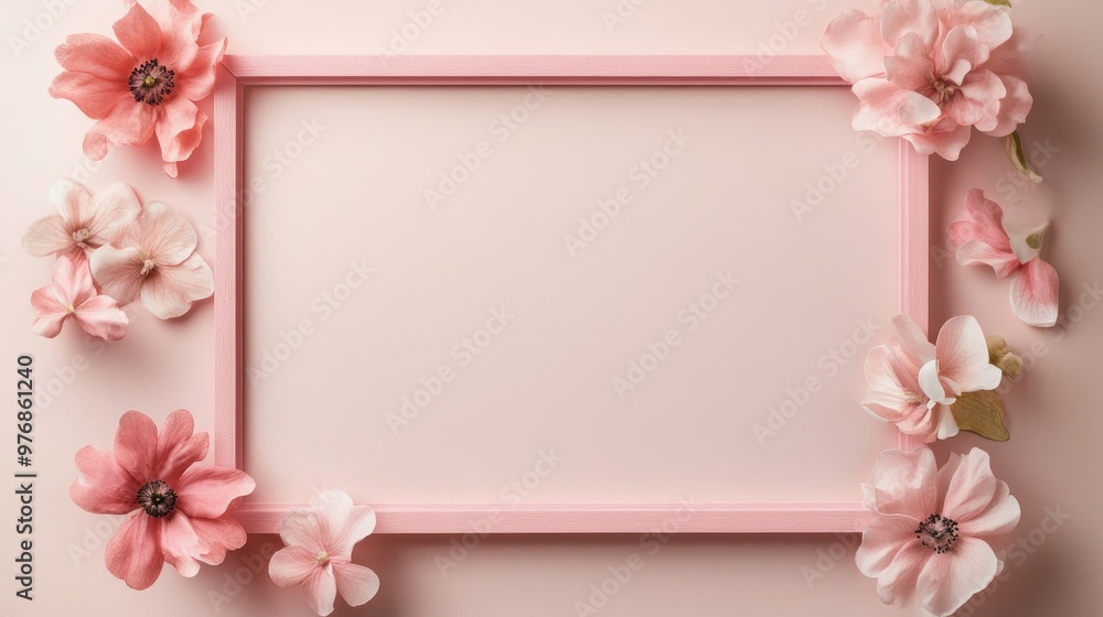 Elegant pink photo frame adorned with flowers, placed against a neutral background, offering space for images or text. Elegant pink photo frame adorned with flowers, placed against a neutral background, offering space for images or text.