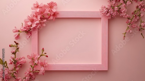 Elegant pink photo frame adorned with flowers, placed against a neutral background, offering space for images or text.